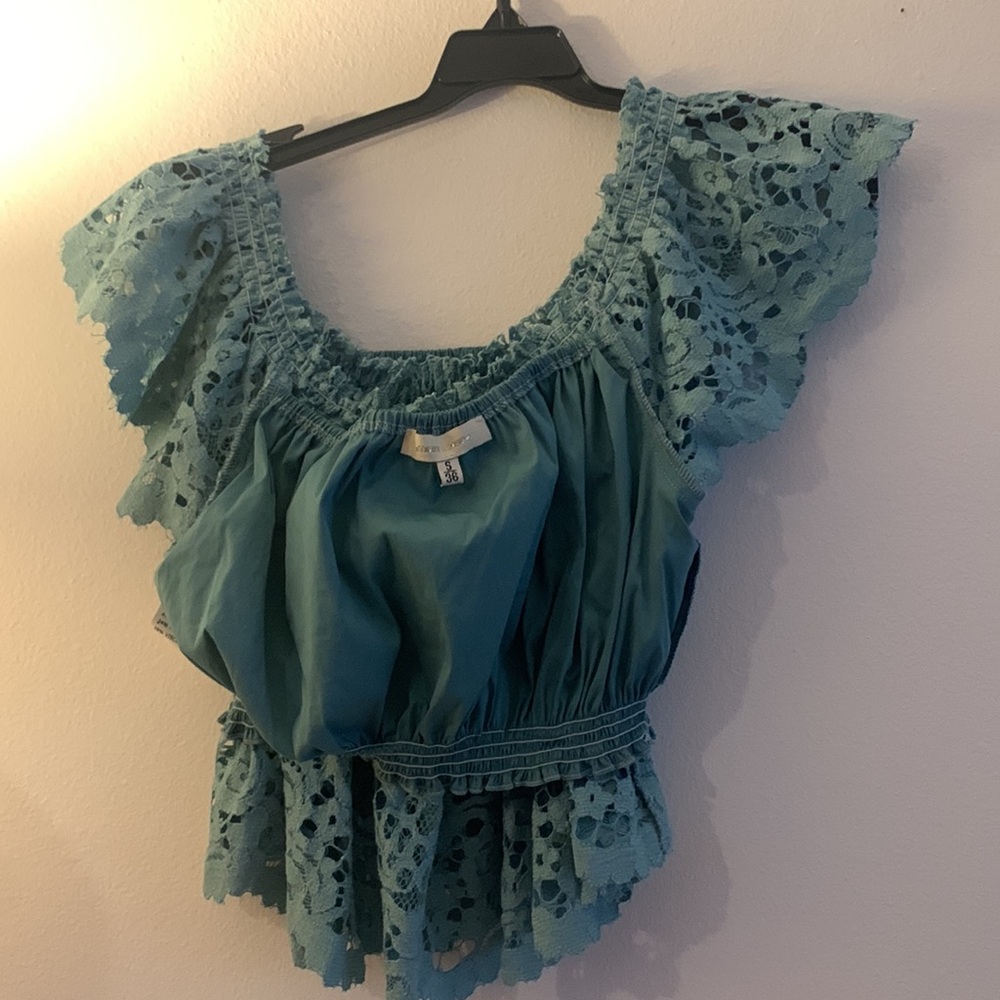Green Flutter Sleeve Ruffled Blouse - image 5